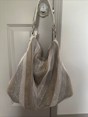 Neutral Woven Hobo Tote Bag - Beige and White